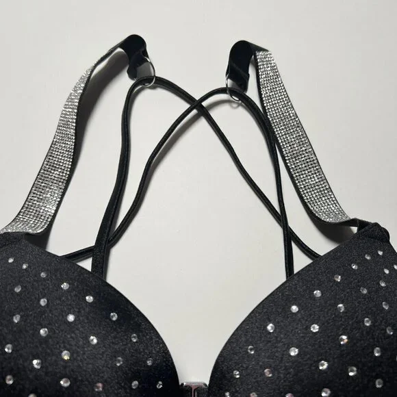 Victoria Secret 34D Bombshell Push Up Bikini Top Glam Cups Shine Strap Black Bikinis